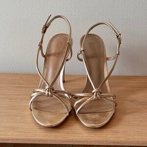 Schutz Kelsie Strappy Sandal Womens Size 8B Gold Metallic Stiletto Heel Buckle